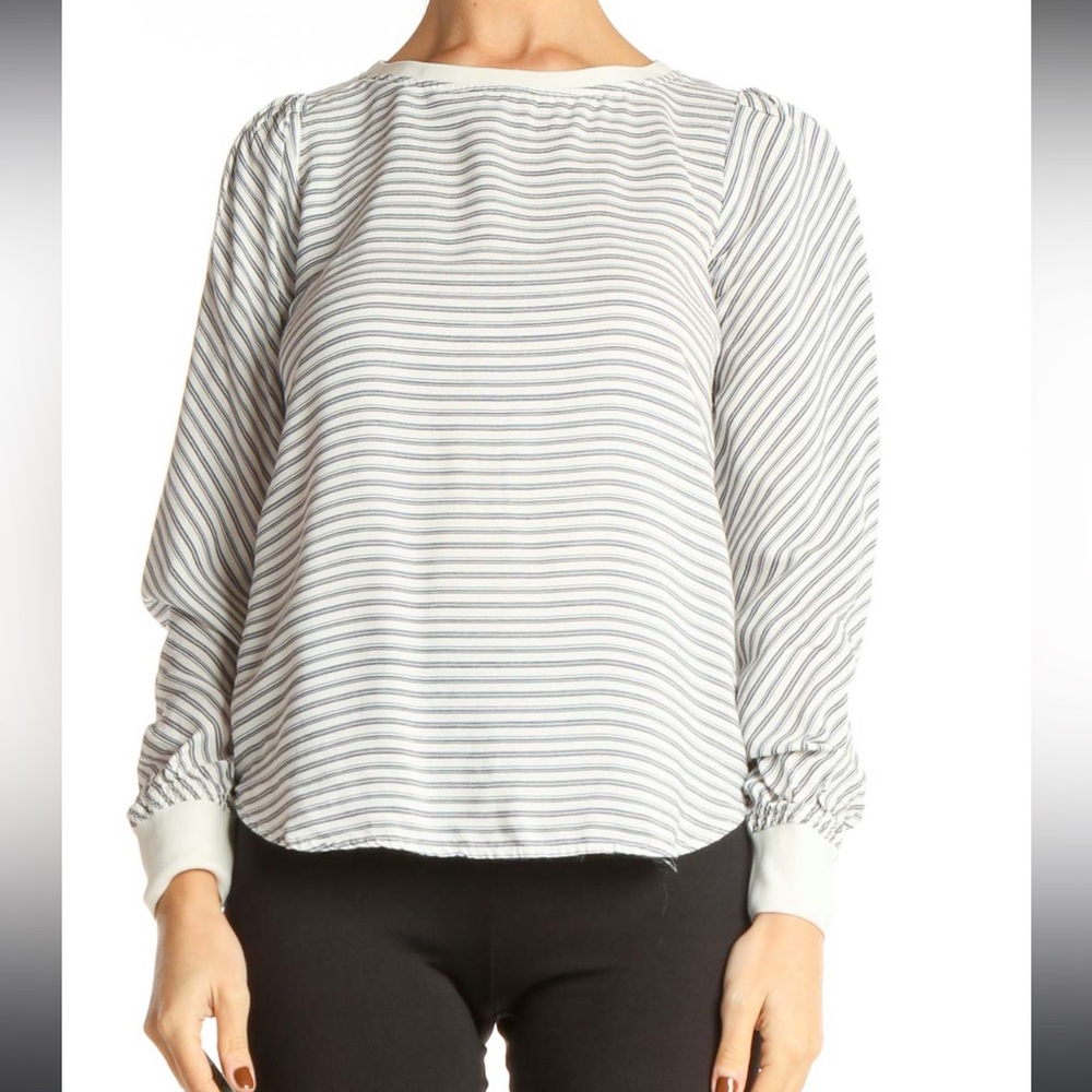 LOFT white striped retro long sleeve blouse